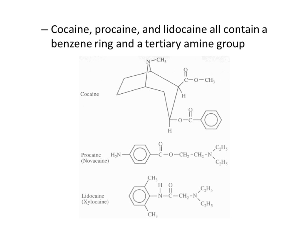 Cocaine, procaine, and lidocaine all contain a benzene ring and a tertiary amine group